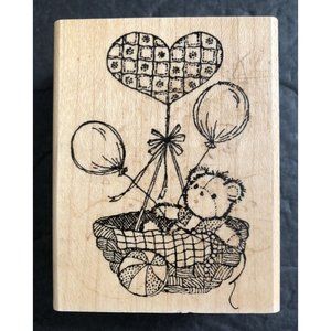 Hampton Art Rubber Stamp Teddy Bear Gift Basket Balloons Heart New Baby